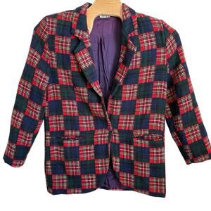 Vintage 90's Ormond Wool Blend Blazer Women's Size Large Red Plaid Holiday Tweed
